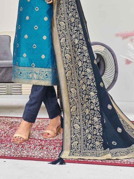 Blue Banarasi Silk Embroidered Festival Wedding Pant Salwar Kameez