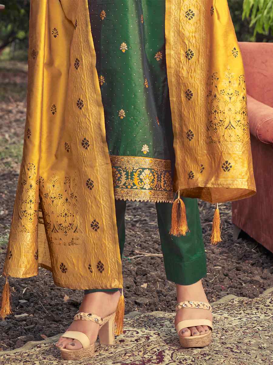 Green Banarasi Silk Embroidered Mehendi Festival Pant Salwar Kameez