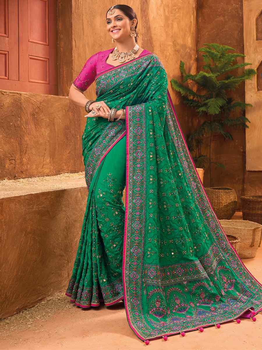 Green Banarasi Silk Embroidered Party Festival Heavy Border Saree