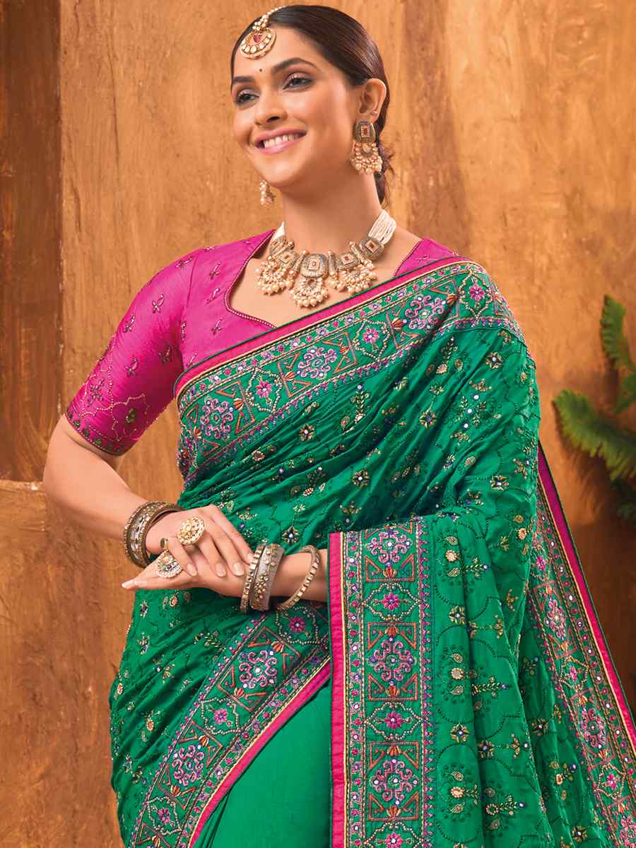 Green Banarasi Silk Embroidered Party Festival Heavy Border Saree