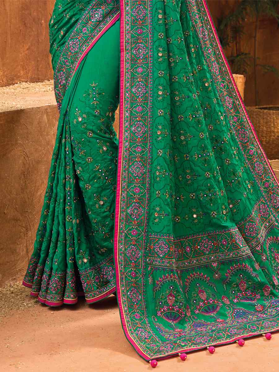 Green Banarasi Silk Embroidered Party Festival Heavy Border Saree