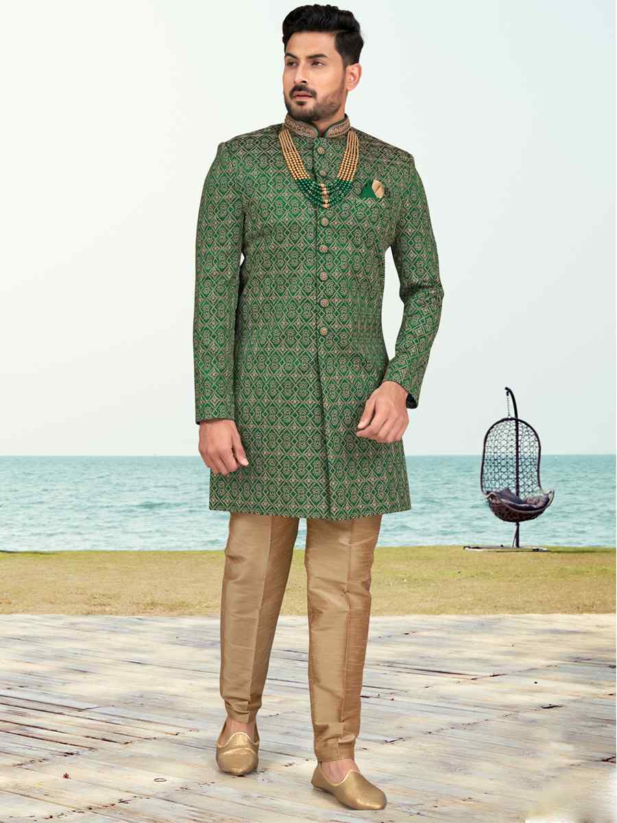 Green Banarasi Silk Embroidered Wedding Festival Sherwani