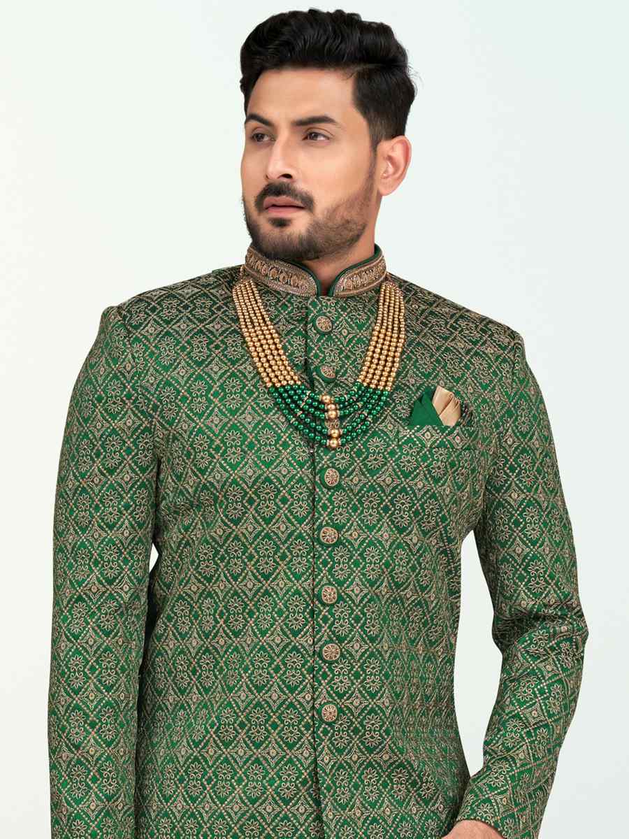 Green Banarasi Silk Embroidered Wedding Festival Sherwani