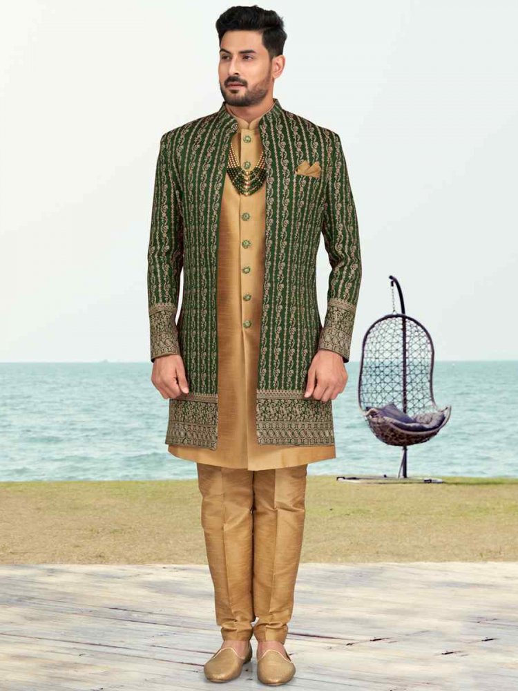 Green Banarasi Silk Embroidered Wedding Festival Sherwani