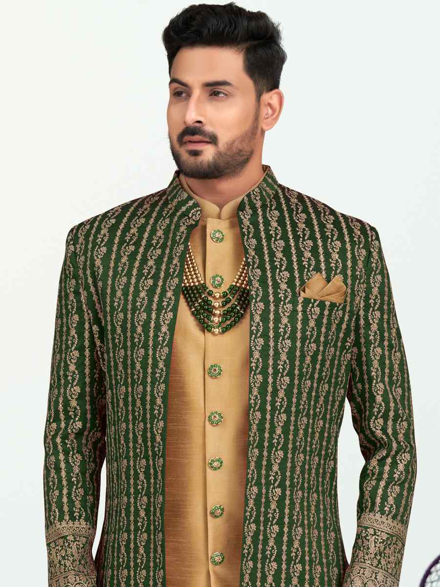 Green Banarasi Silk Embroidered Wedding Festival Sherwani