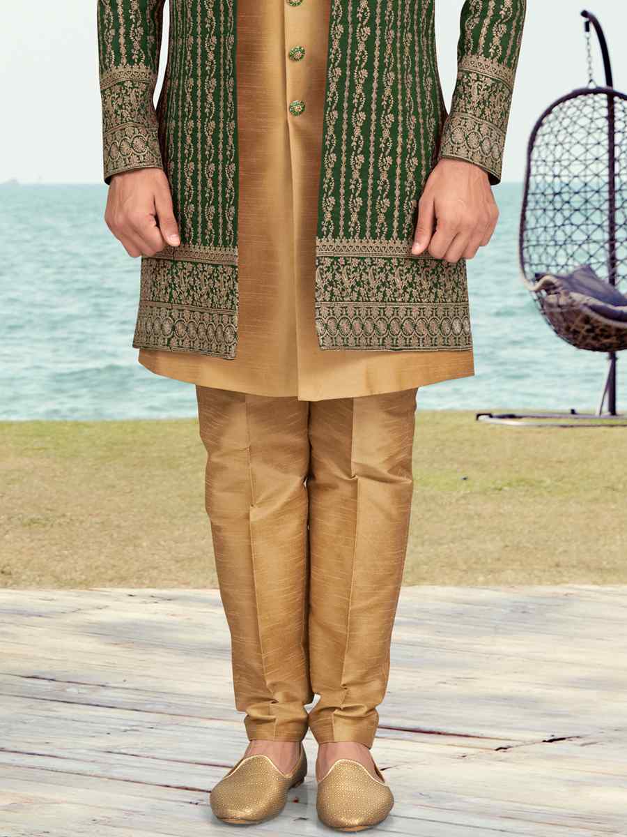 Green Banarasi Silk Embroidered Wedding Festival Sherwani