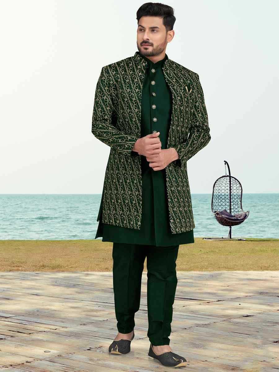 Green Banarasi Silk Embroidered Wedding Festival Sherwani