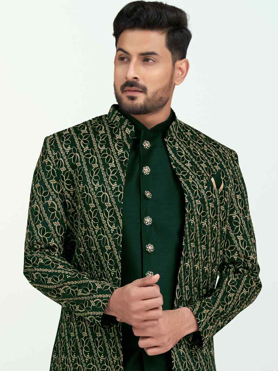 Green Banarasi Silk Embroidered Wedding Festival Sherwani