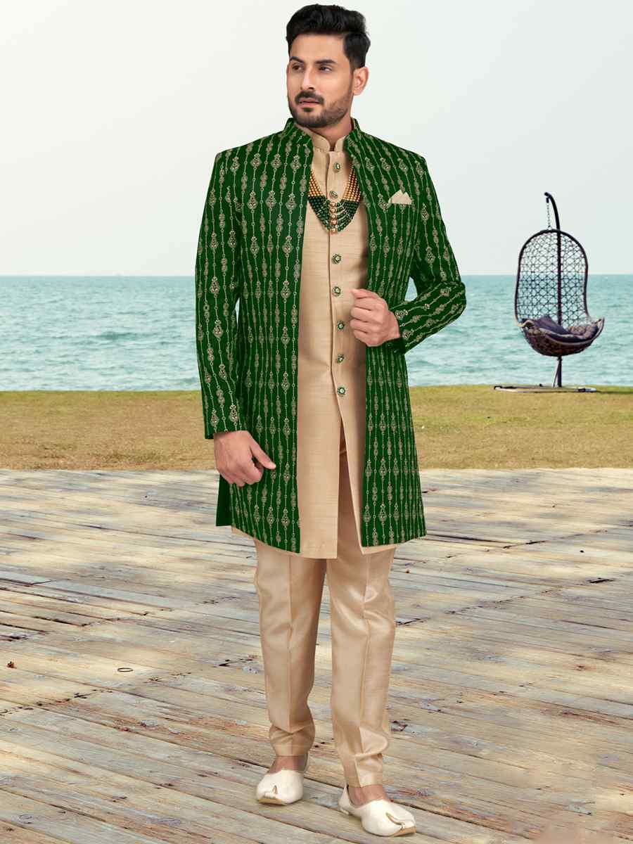 Green Banarasi Silk Embroidered Wedding Festival Sherwani