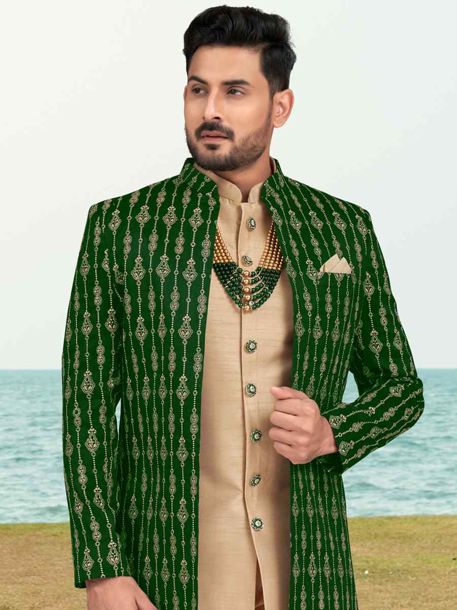 Green Banarasi Silk Embroidered Wedding Festival Sherwani