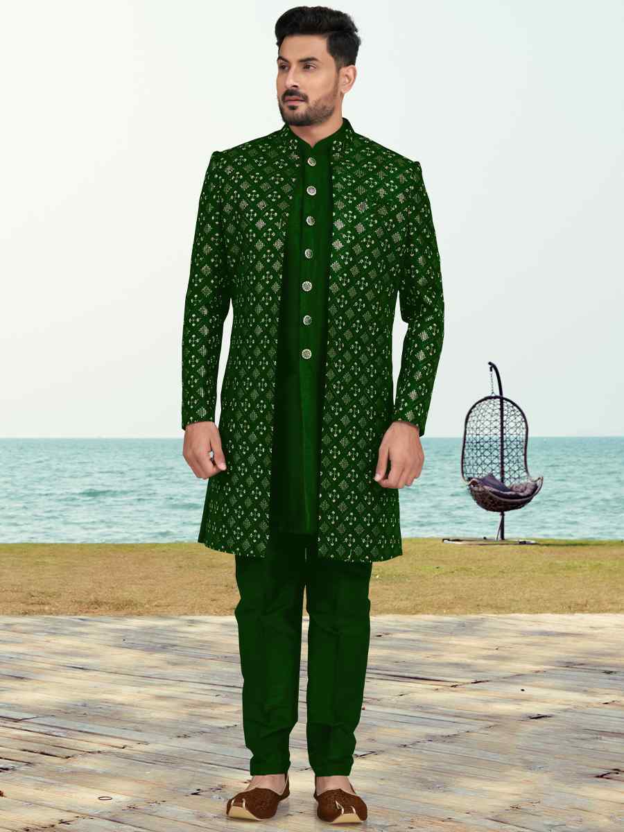 Green Banarasi Silk Embroidered Wedding Festival Sherwani