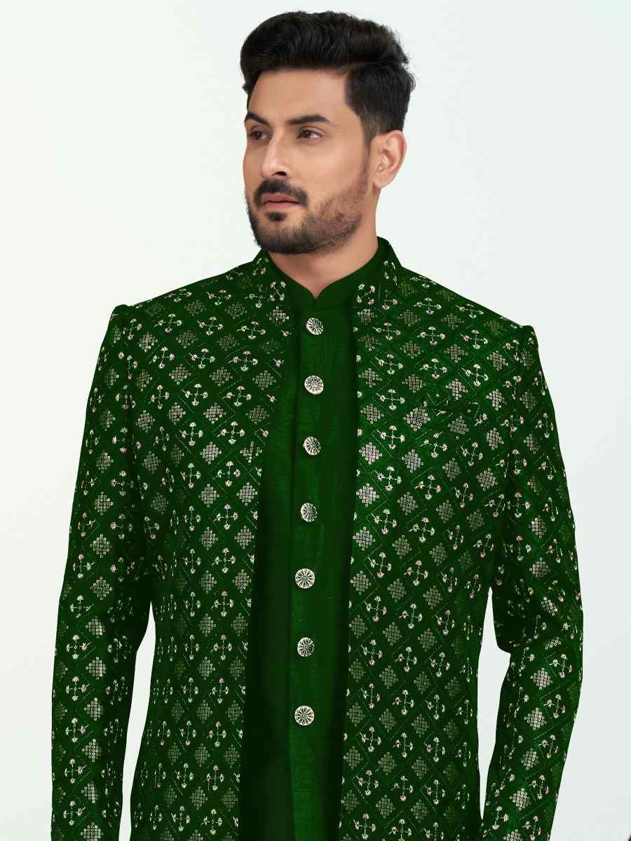 Green Banarasi Silk Embroidered Wedding Festival Sherwani