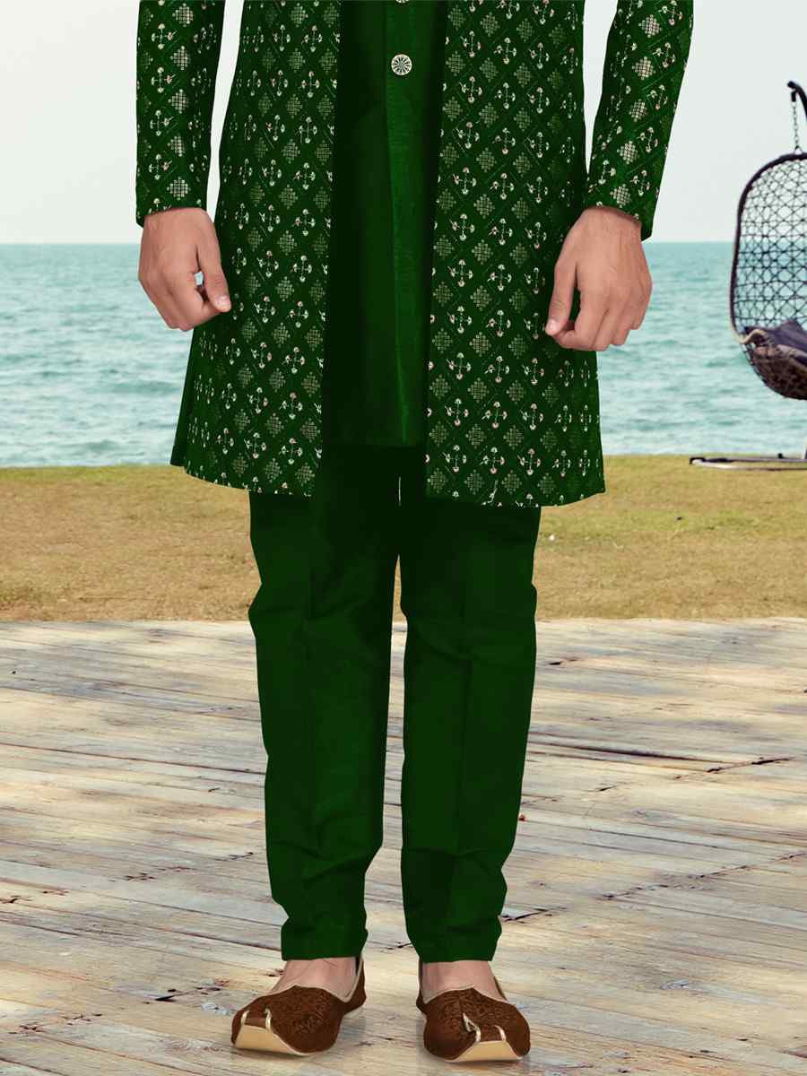 Green Banarasi Silk Embroidered Wedding Festival Sherwani