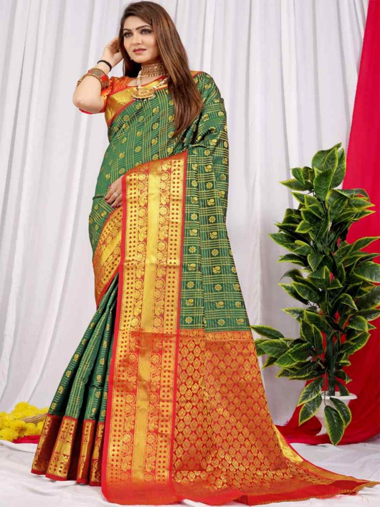 Green Banarasi Silk Handwoven Festival Casual Heavy Border Saree
