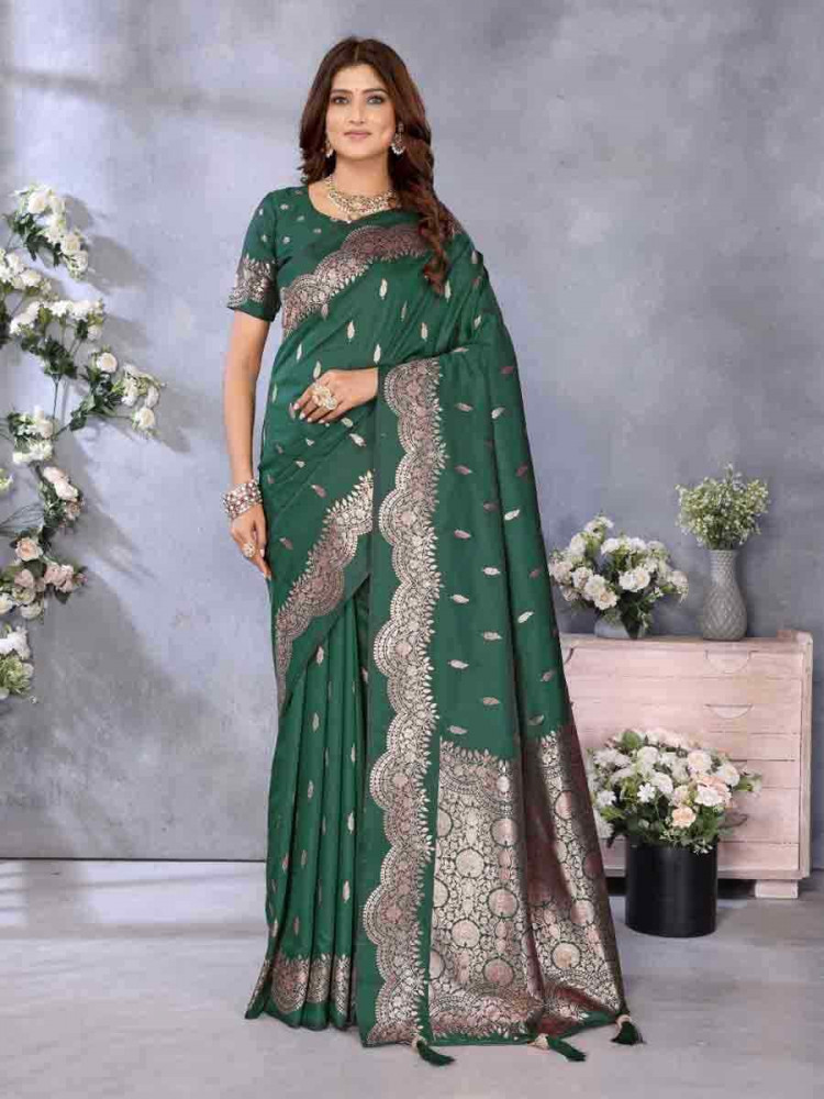 Green Banarasi Silk Handwoven Festival Wedding Fancy Heavy Border Saree