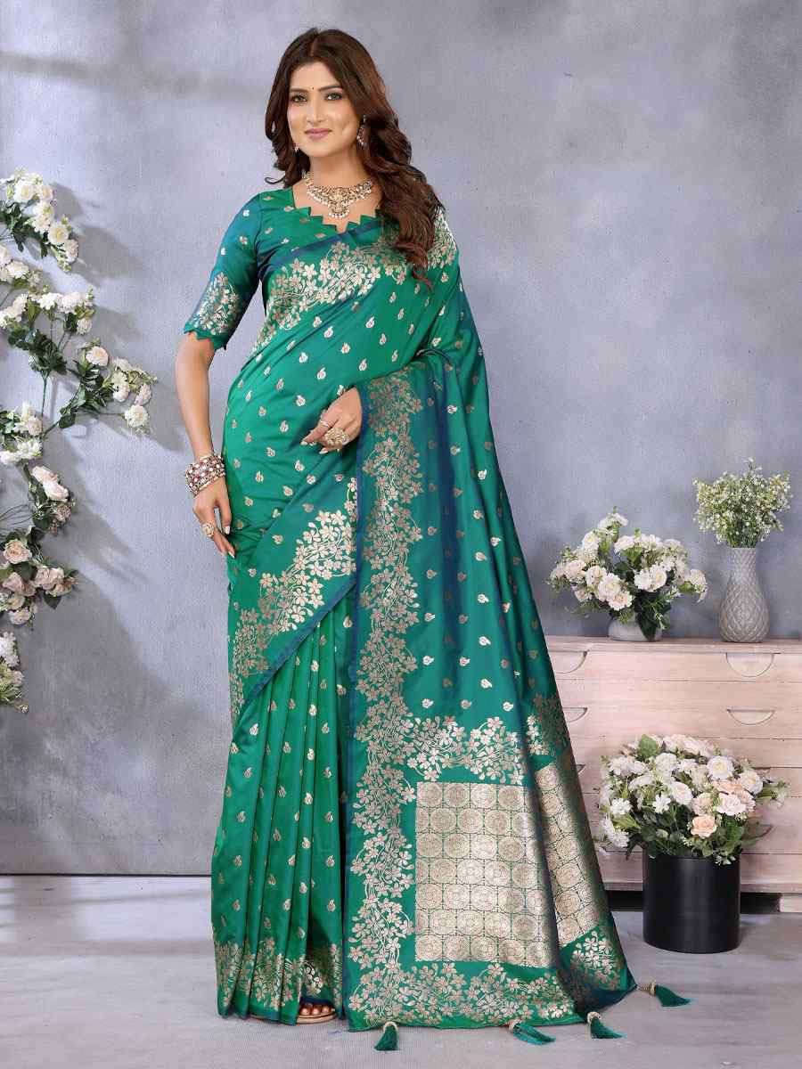 Green Banarasi Silk Handwoven Traditional Bridal Reception Festival Wedding Fancy Heavy Border Saree