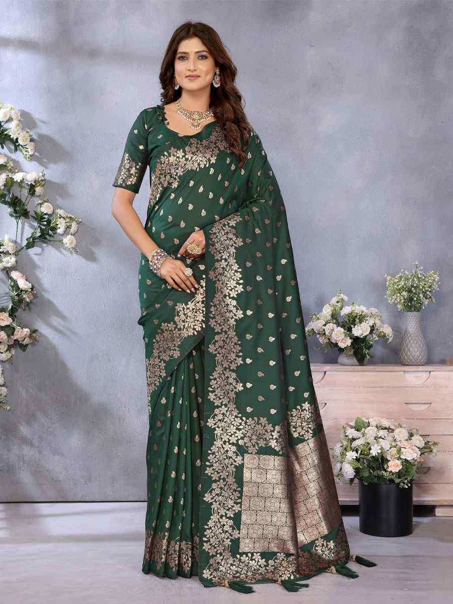 Green Banarasi Silk Handwoven Traditional Bridal Reception Festival Wedding Fancy Heavy Border Saree