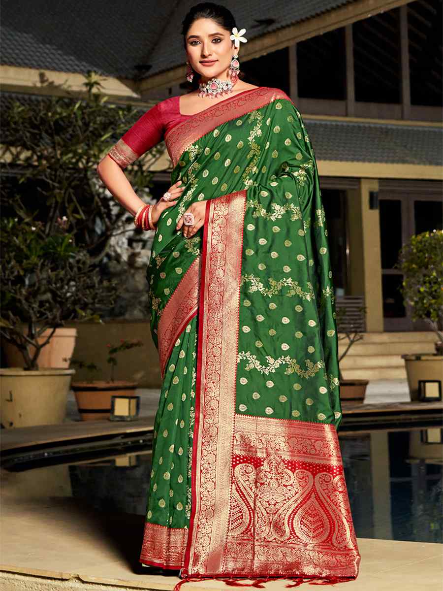 Green Banarasi Silk Handwoven Wedding Festival Heavy Border Saree