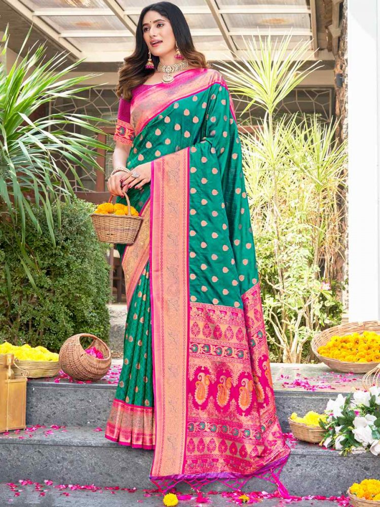 Green Banarasi Silk Handwoven Wedding Festival Heavy Border Saree