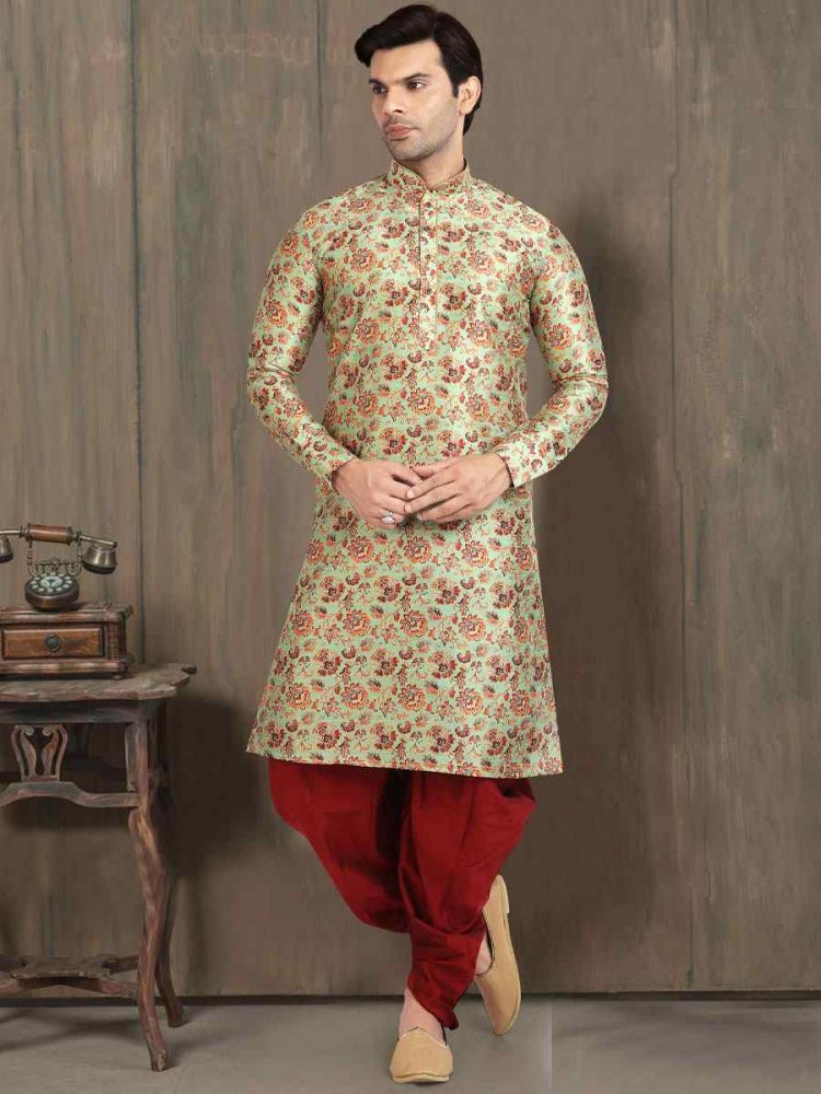 Green Banarasi Silk Printed Festival Wedding Kurta