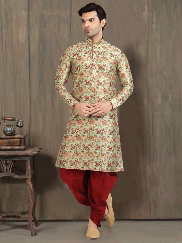 Green Banarasi Silk Printed Plain Festival Party Kurta