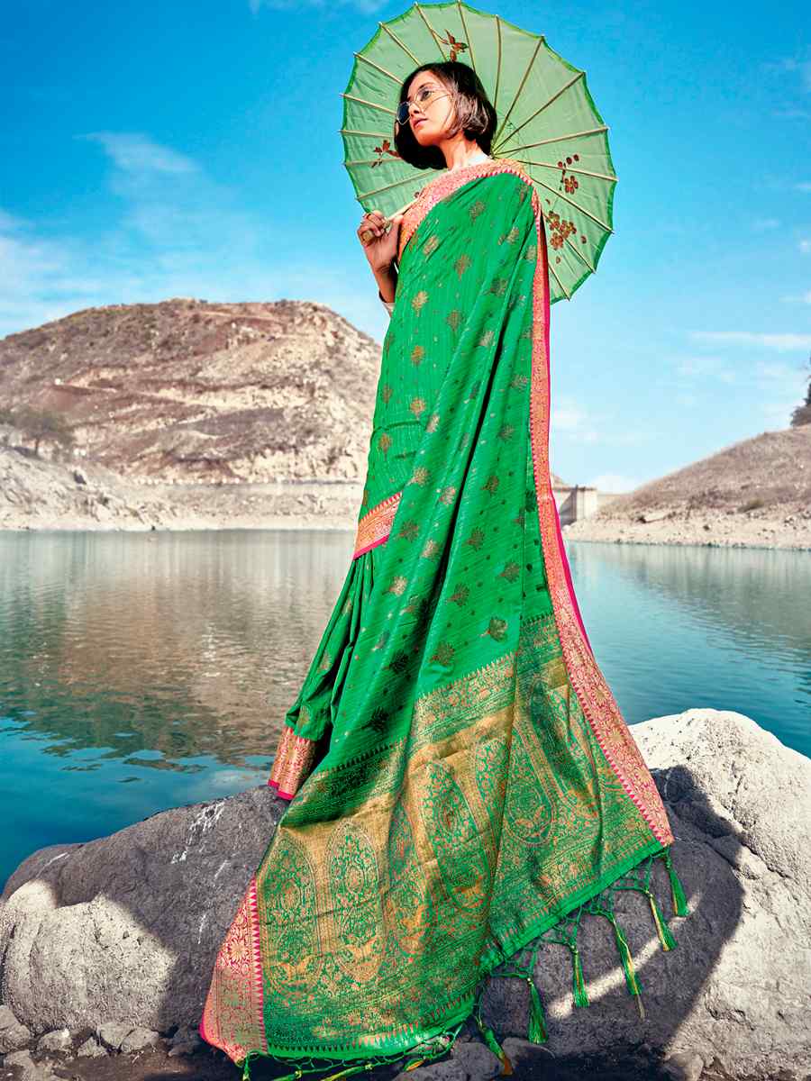 Green Banarasi Silk Traditional Party Festival Heavy Border Saree