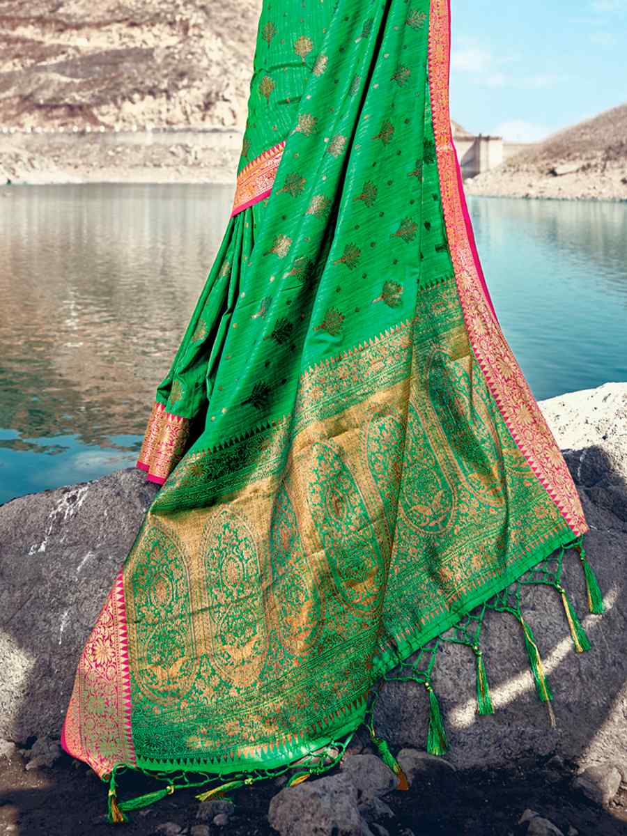 Green Banarasi Silk Traditional Party Festival Heavy Border Saree