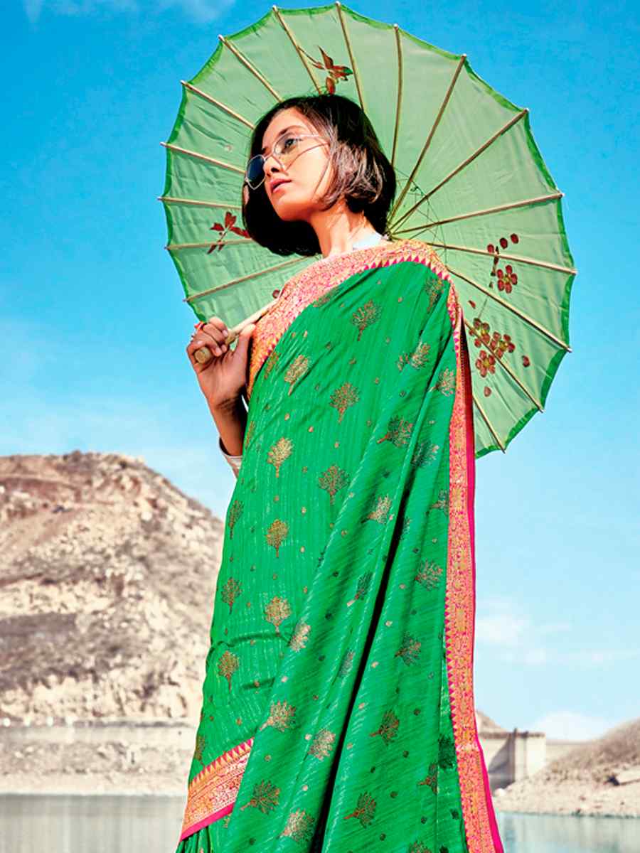Green Banarasi Silk Traditional Party Festival Heavy Border Saree