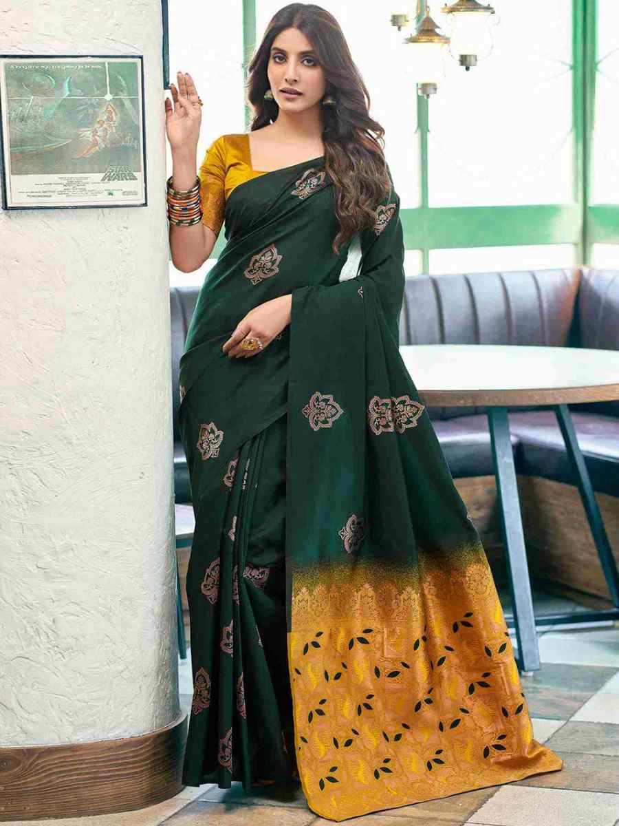 Green Banarasi Soft Silk Embroidered Festival Party Heavy Border Saree