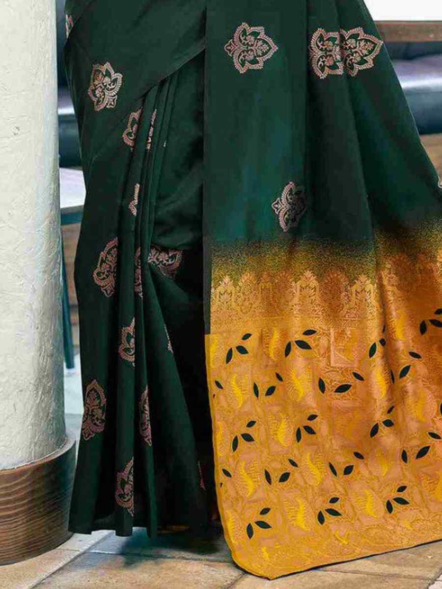 Green Banarasi Soft Silk Embroidered Festival Party Heavy Border Saree