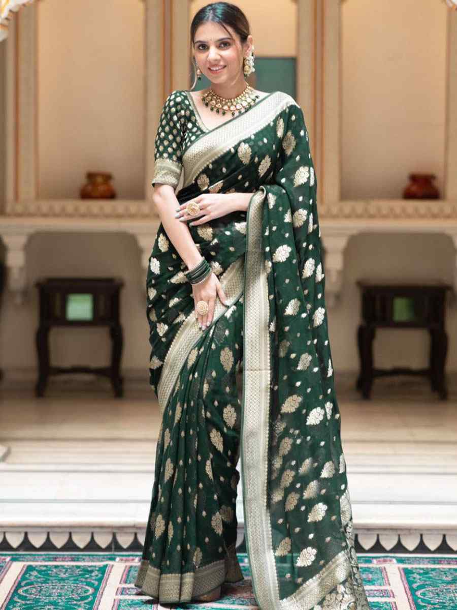 Green Banarasi Soft Silk Handwoven Wedding Festival Heavy Border Saree