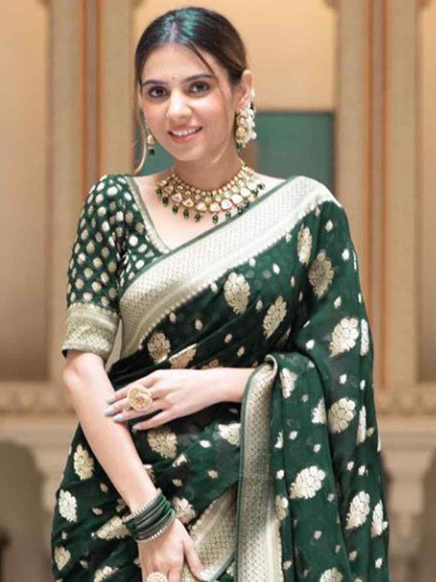 Green Banarasi Soft Silk Handwoven Wedding Festival Heavy Border Saree