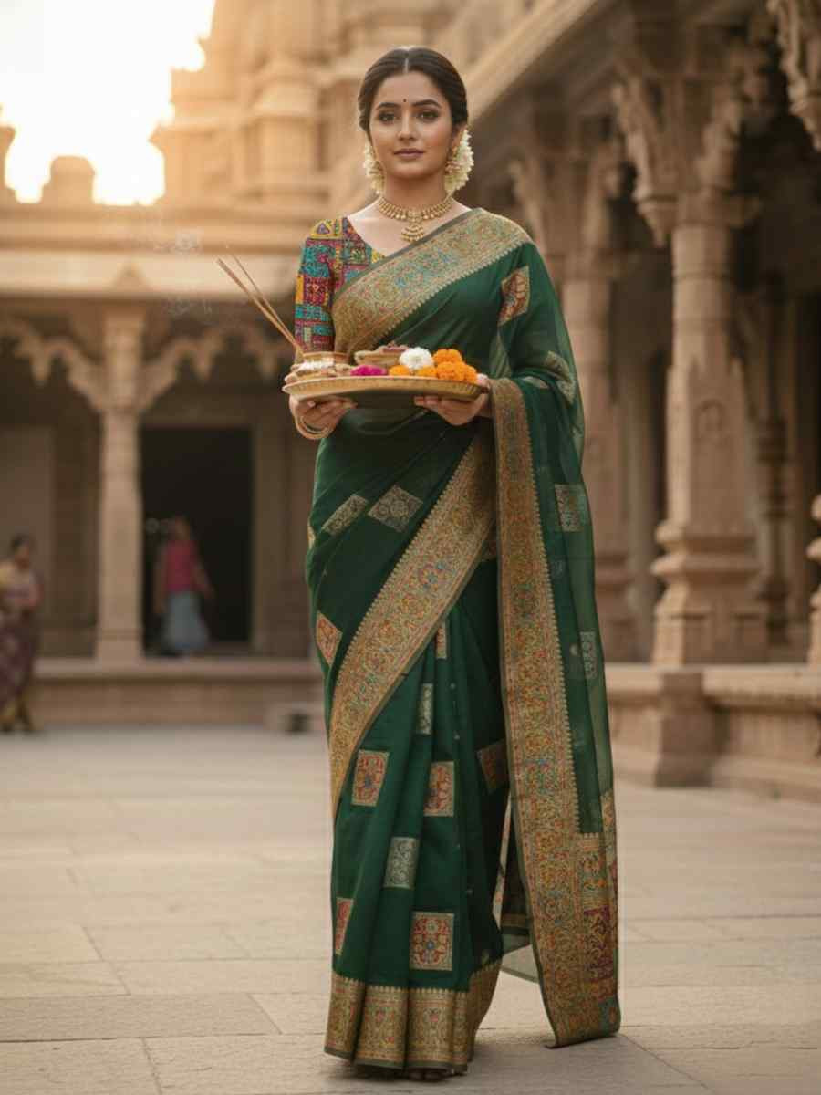 Green Banarasi Soft Silk Zari Handwoven Casual Reception Festival Wedding Fancy Classic Style Sarees