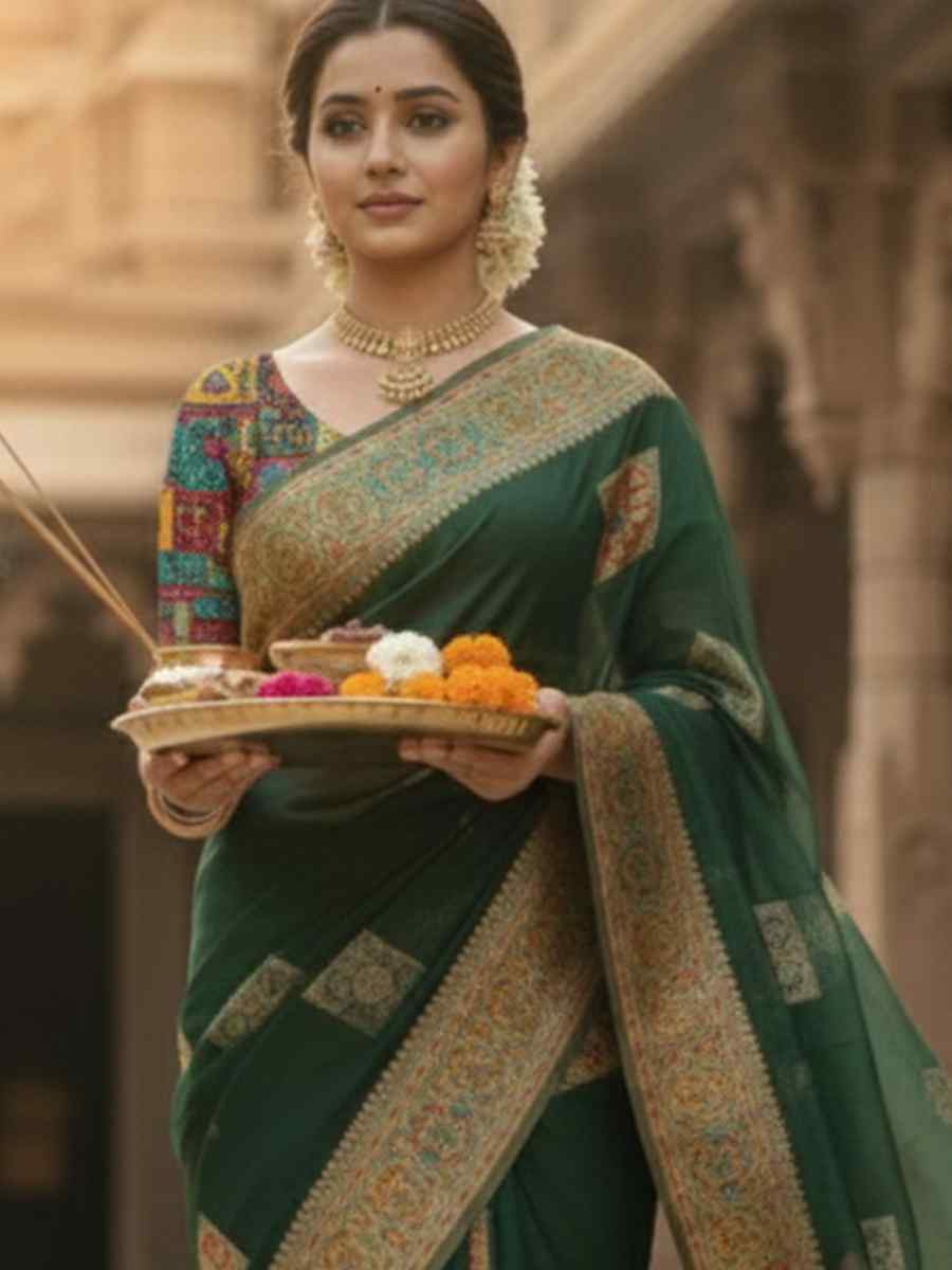 Green Banarasi Soft Silk Zari Handwoven Casual Reception Festival Wedding Fancy Classic Style Sarees