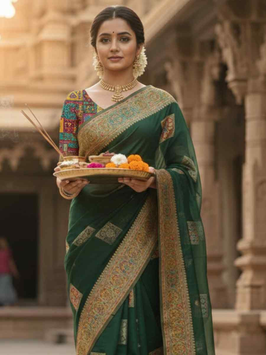 Green Banarasi Soft Silk Zari Handwoven Casual Reception Festival Wedding Fancy Classic Style Sarees