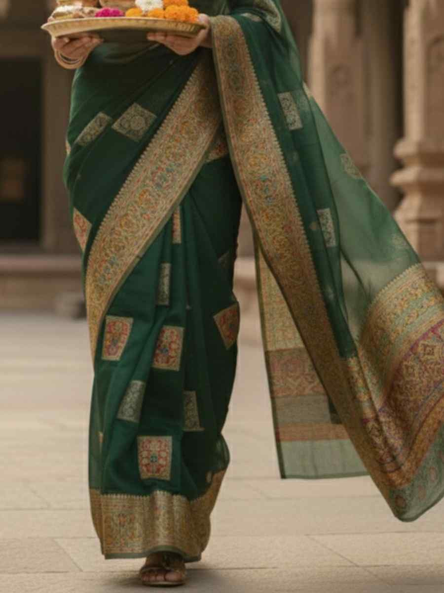 Green Banarasi Soft Silk Zari Handwoven Casual Reception Festival Wedding Fancy Classic Style Sarees