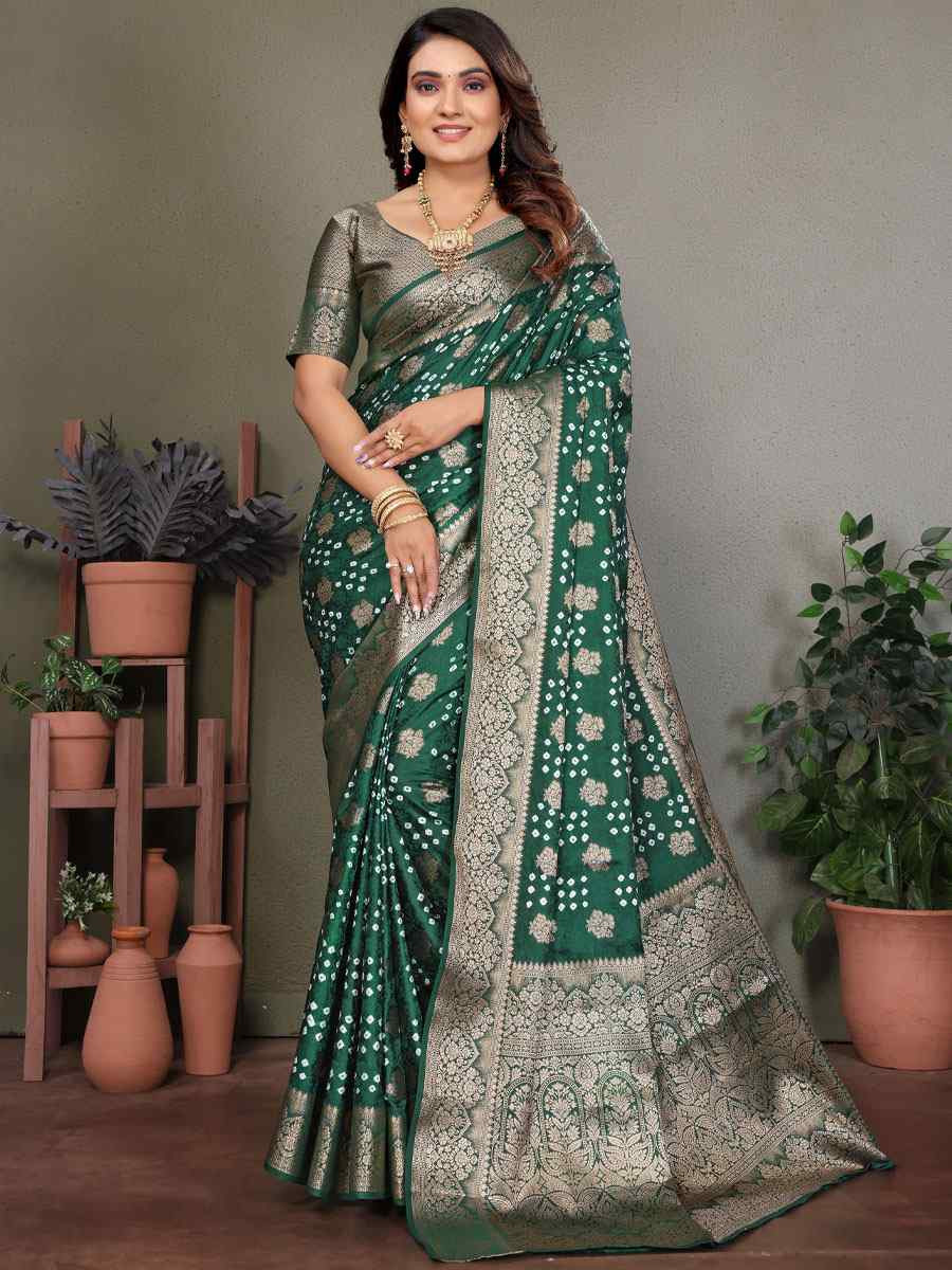 Green Bandhej Silk Handwoven Traditional Bridal Reception Festival Wedding Fancy Heavy Border Saree