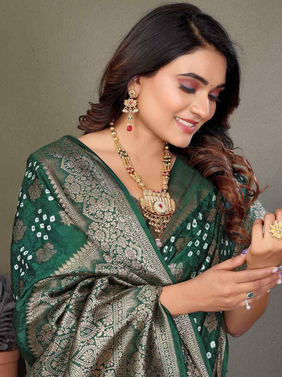 Green Bandhej Silk Handwoven Traditional Bridal Reception Festival Wedding Fancy Heavy Border Saree