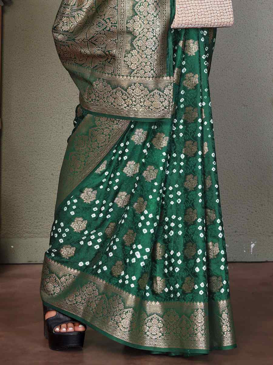 Green Bandhej Silk Handwoven Traditional Bridal Reception Festival Wedding Fancy Heavy Border Saree