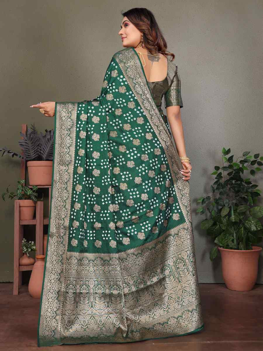 Green Bandhej Silk Handwoven Traditional Bridal Reception Festival Wedding Fancy Heavy Border Saree