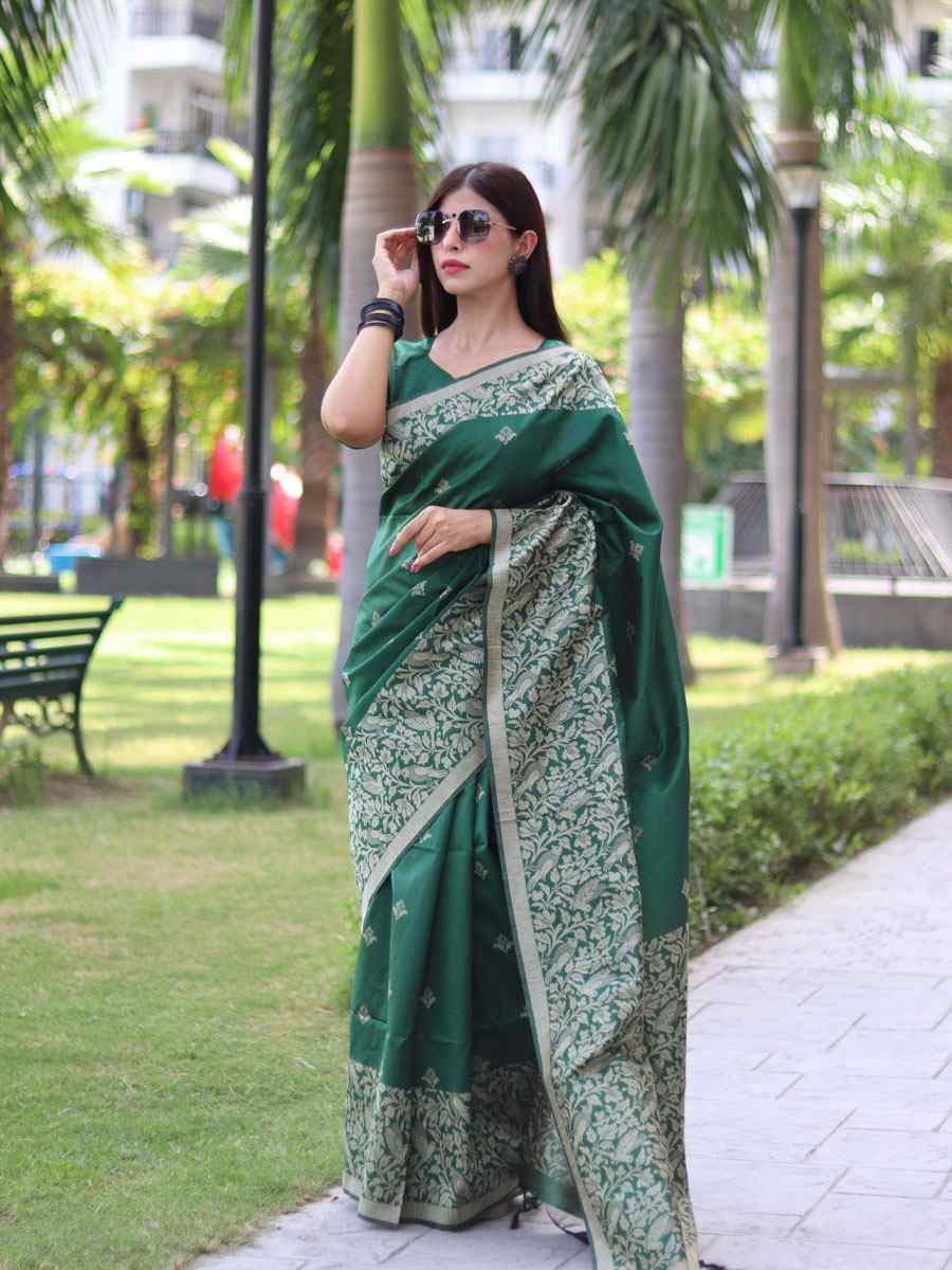 Green Banglori Handloom Raw Silk Handwoven Casual Reception Festival Wedding Fancy Classic Style Sarees