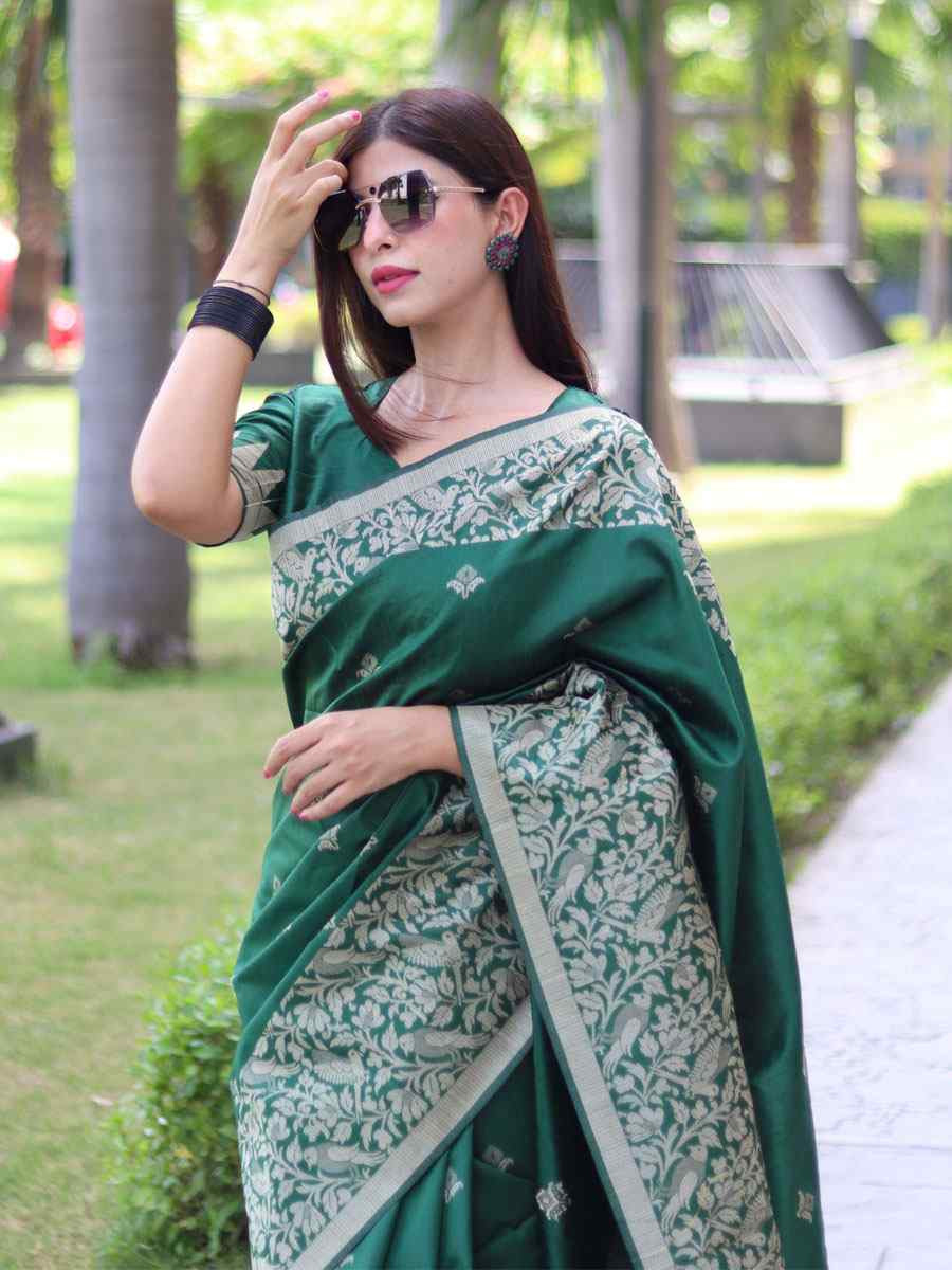 Green Banglori Handloom Raw Silk Handwoven Casual Reception Festival Wedding Fancy Classic Style Sarees