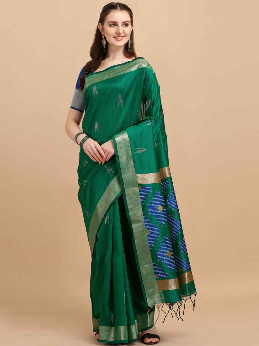 Green Banglori Raw Silk Handwoven Wedding Festival Heavy Border Saree