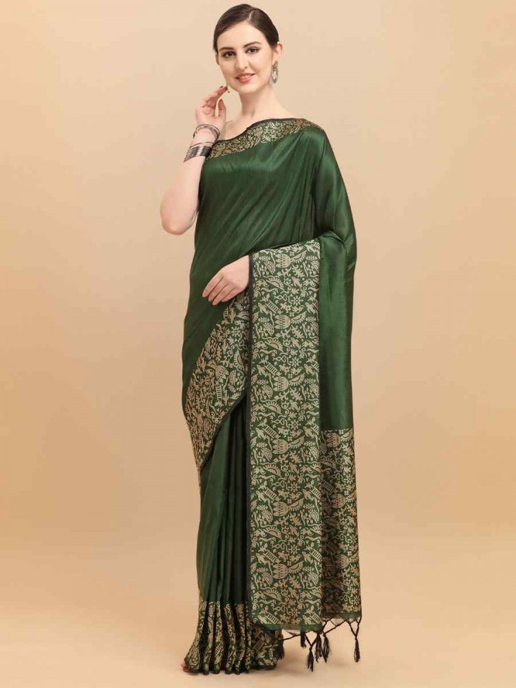 Green Banglori Raw Silk Handwoven Wedding Festival Heavy Border Saree