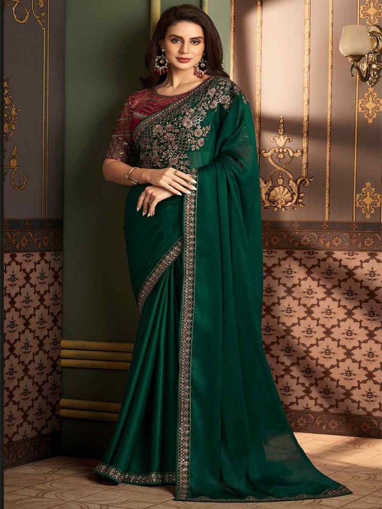 Green Banlogry Silk Embroidered Party Reception Heavy Border Saree