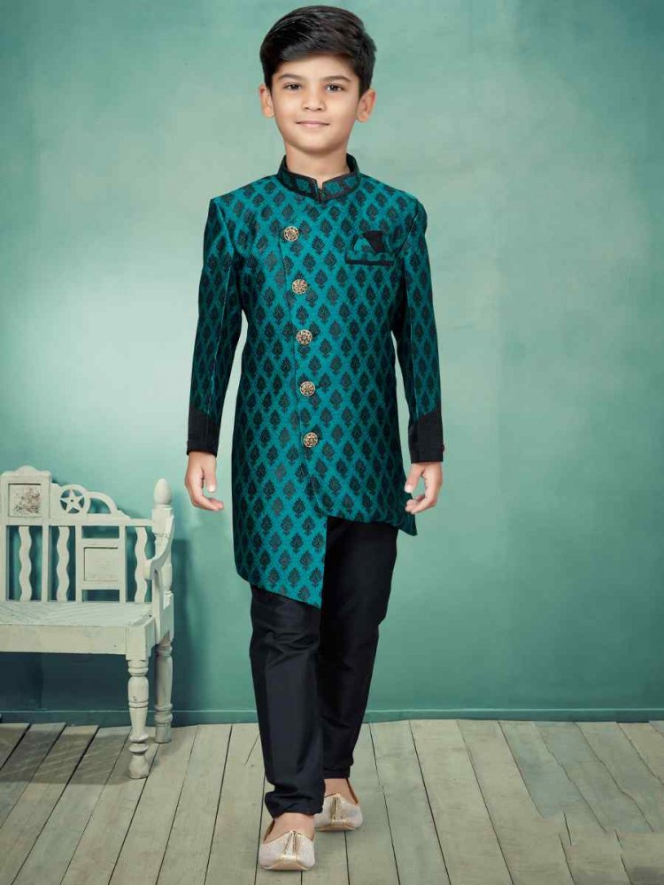 Green Black Heavy Banarasi Jacquard Embroidered Party Festival Kurta Pyjama Boys Wear