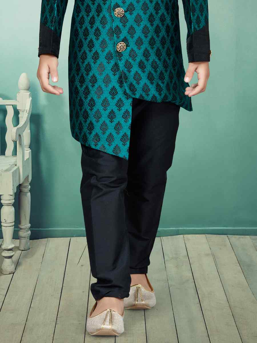 Green Black Heavy Banarasi Jacquard Embroidered Party Festival Kurta Pyjama Boys Wear