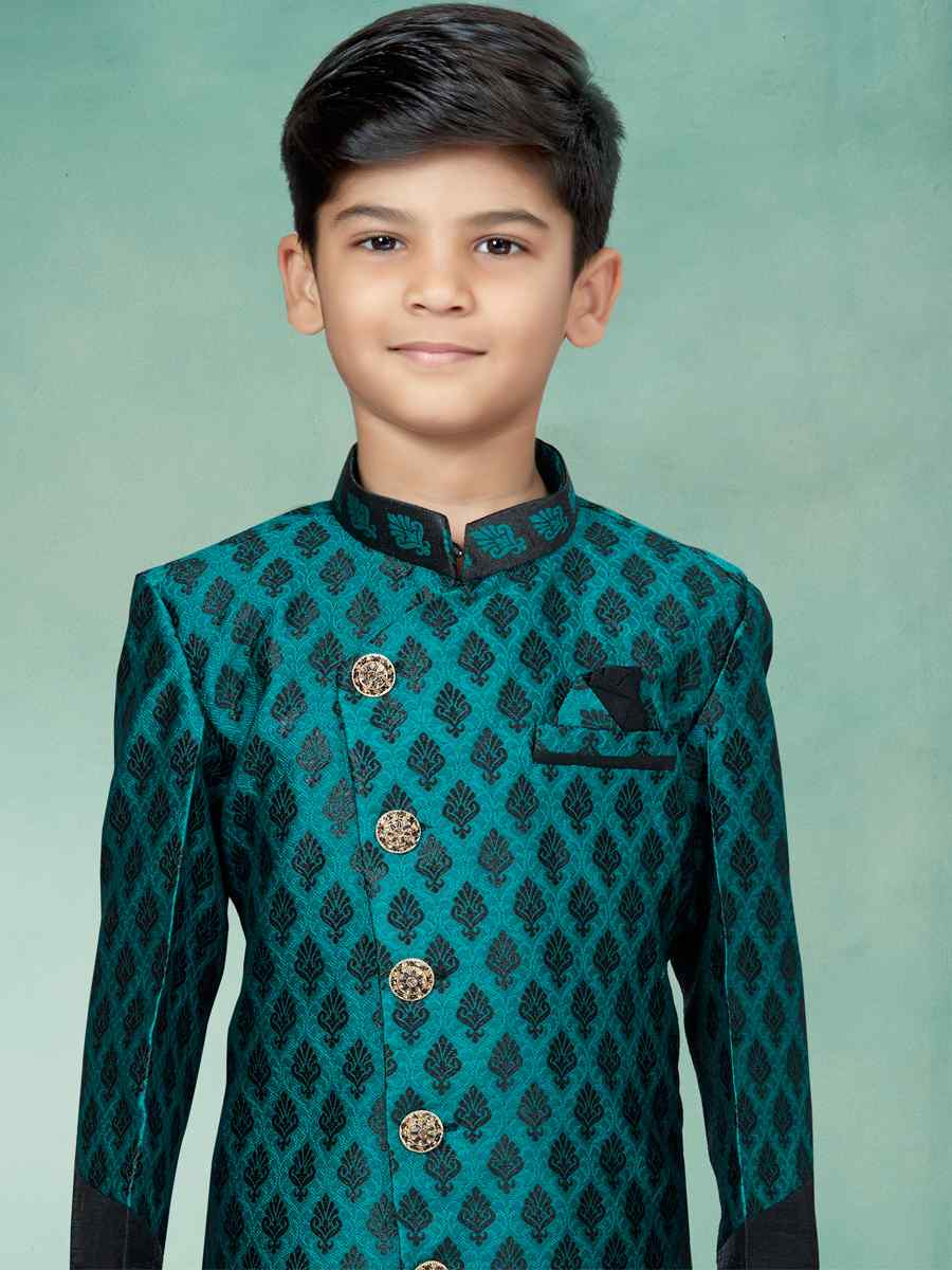 Green Black Heavy Banarasi Jacquard Embroidered Party Festival Kurta Pyjama Boys Wear