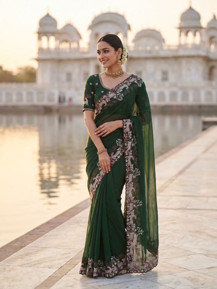 Image of Green Black Rangoli Silk Embroidery Wedding Reception Party Festival Casual Heavy Border Sarees
