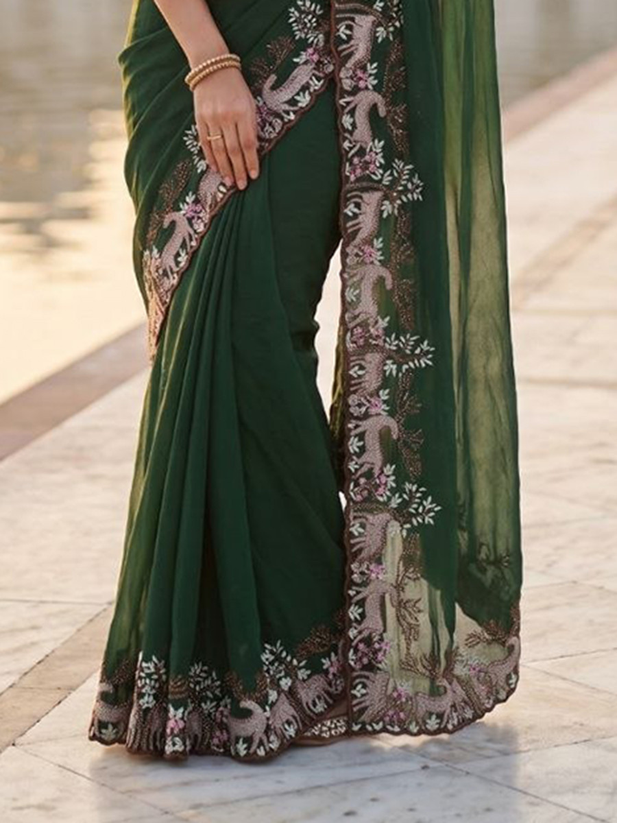 Green Black Rangoli Silk Embroidery Wedding Reception Party Festival Casual Heavy Border Sarees
